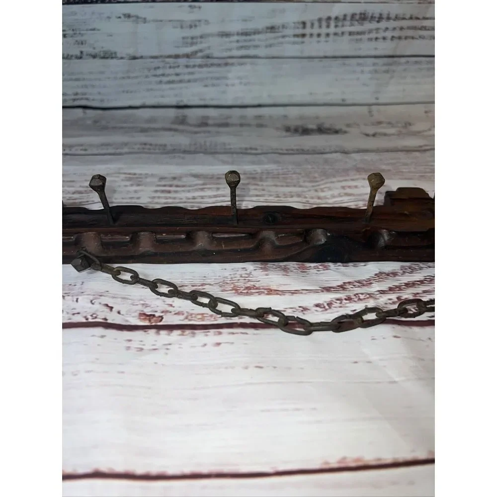 Rare‎ Vintage Hand Made Brown Wood Key Rack Wooden Primitive Chain Iron Hanging